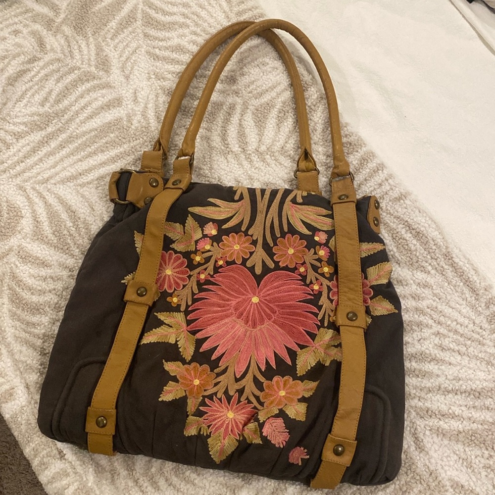 Anthropologie canvas embroidered tote - leather handles and accents.